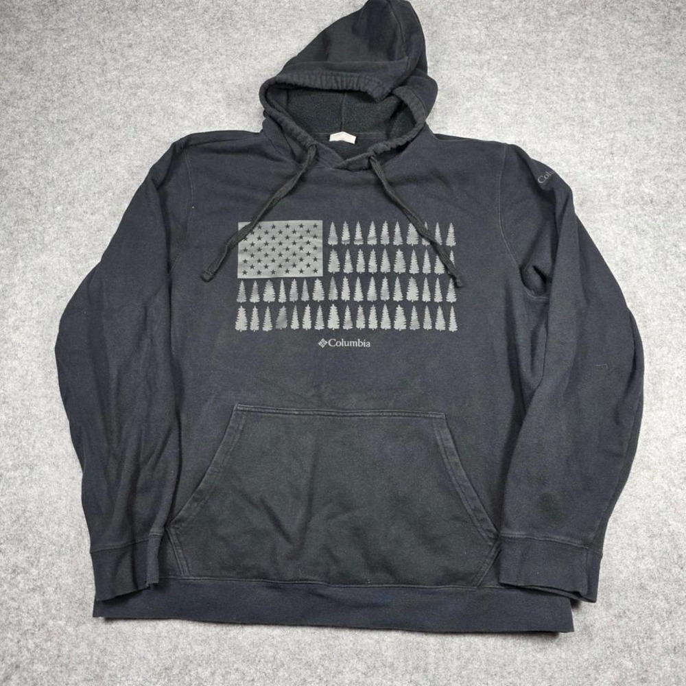 Columbia hoodie Mens Large Black Tree American Flag Graphic Faded